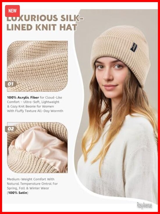 Satin Lined Beanie 3 Pack - Silk Lined Winter Hats, Cable Knit Skull Cap for
